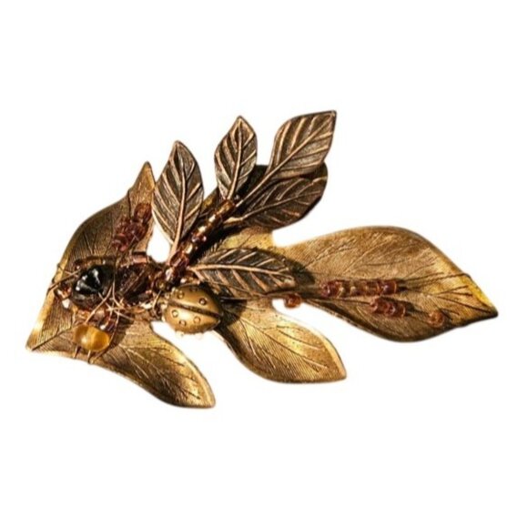 Vintage Brooch Gold-Tone Leaf W/ Ladybug & Beaded Accents Nature Approx. 3 Inch - Picture 2 of 10